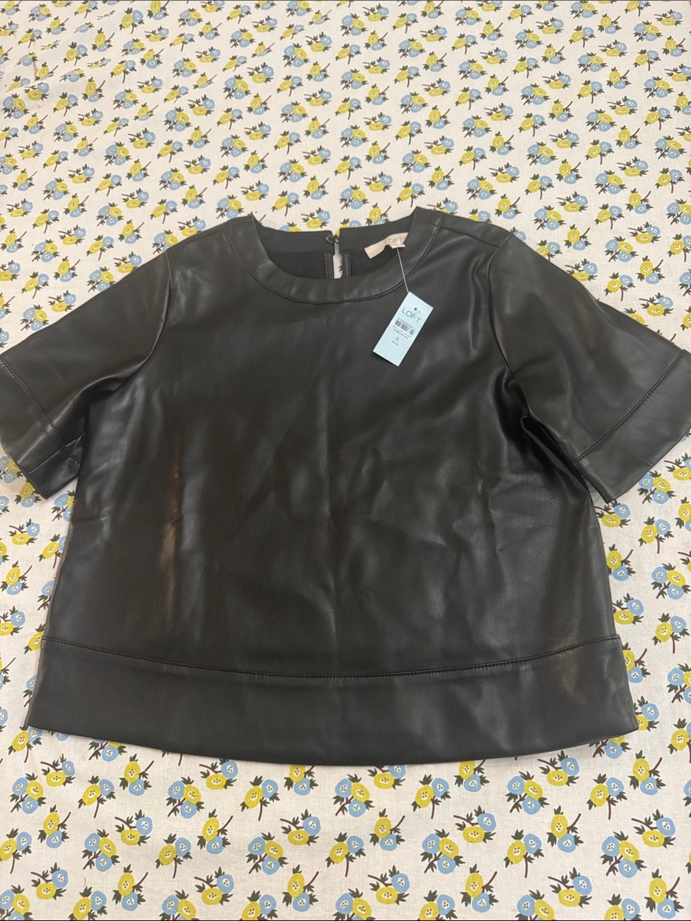 LOFT Black Faux Leather Short Sleeve Crewneck Top